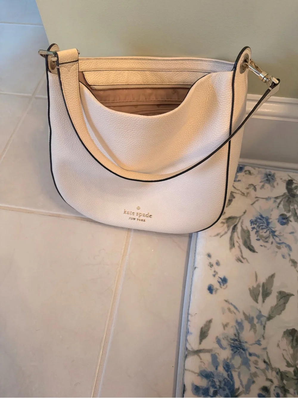 kate spade Cream Pebbled Leather Shoulder Hobo with Gold Logo